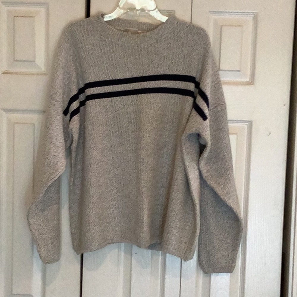 Men's Crewneck Sweater - Light Gray with Navy Stripes size XL